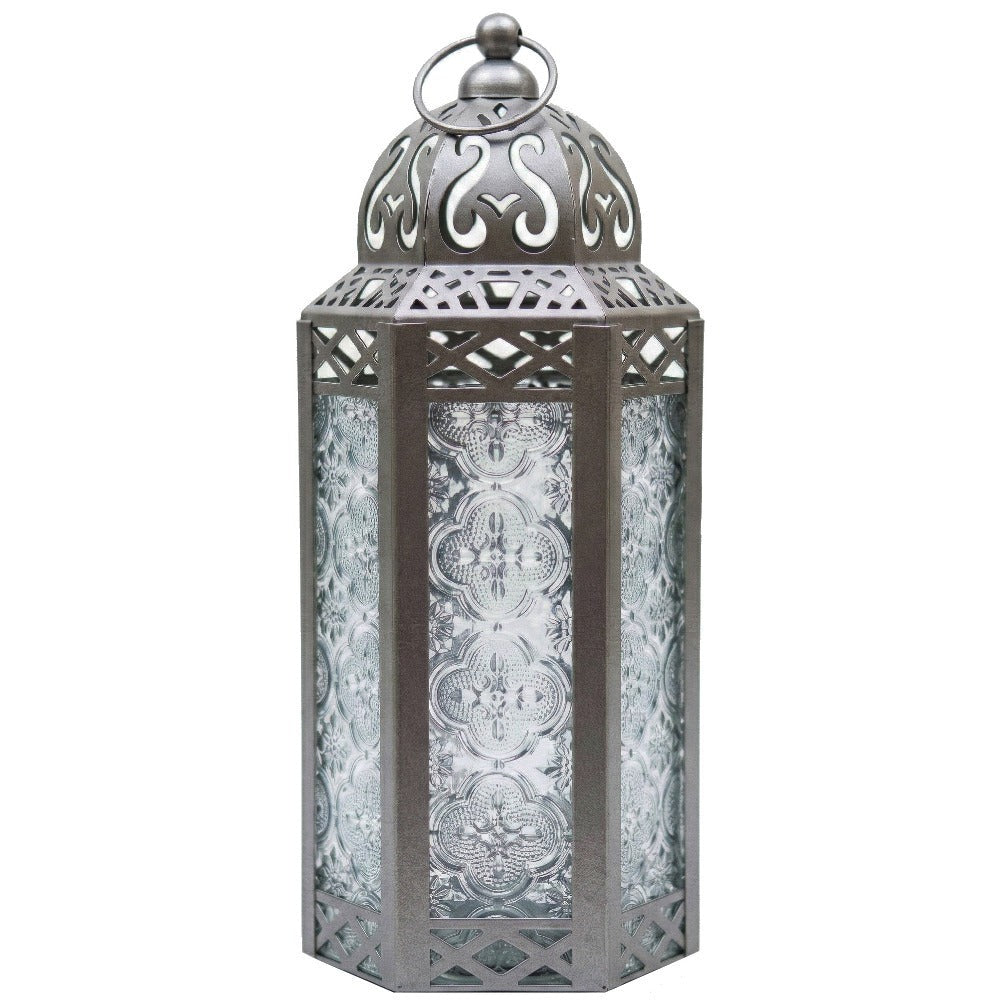 Moroccan Candle Lantern Holder - Decorative Metal & Glass Lantern with Embossed Floral Design for Indoor Home Decor, Garden, Patio, Weddings, Ramadan, Halloween & Holiday Celebrations - 10.5" Tall Medium Size