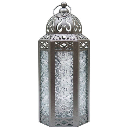 Moroccan Candle Lantern Holder - Decorative Metal & Glass Lantern with Embossed Floral Design for Indoor Home Decor, Garden, Patio, Weddings, Ramadan, Halloween & Holiday Celebrations - 10.5" Tall Medium Size