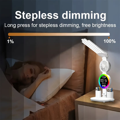 LED Desk Lamp with Built-in Fan & Touch Control | Dual Head Adjustable | USB Charging | 3 Color Modes Dimmable | Smart Display Clock | Eye-Caring Reading Lamp for Home Office Dorm Study