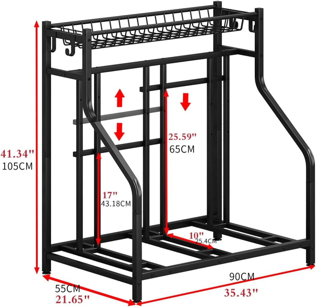 Freestanding Bike Storage Stand with Basket & Hooks – Adjustable Floor Rack for 3-4 Bikes, Indoor Outdoor Garage Organizer
