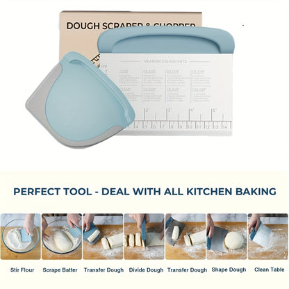 Dough Scraper Bench Scraper - Stainless Steel Dough Cutter with Silicone Handle & Measuring Scale, Multipurpose Pastry Scraper Pizza Spatula Baking Tool, Kitchen Gadget Gift, Blue Grey