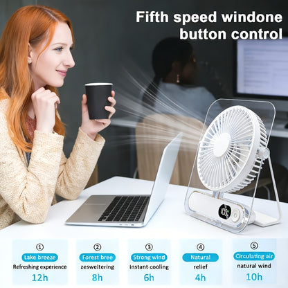 Portable USB Desktop Fan 3000mAh Battery, Ultra-Quiet 5-Speed Foldable Fan with 180° Adjustable Tilt and Digital Power Display, Small Personal Cooling Fan for Home, Office and Travel