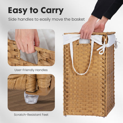 Laundry Hamper with Lid Large Capacity Woven Rattan Storage Basket, Collapsible Clothes Hamper with Handles & Removable Liner, Foldable Breathable Wicker Basket for Bedroom Home Dorm, 2 Sizes