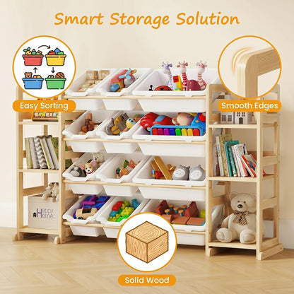 Kids Storage Organizer with 12 Bins and Bookshelf - Wooden Toy Chest Cubby Unit for Playroom Bedroom, Large Capacity Shelf for Books Stuffed Animals Toys, Easy Assembly Natural Wood Furniture 52x31.7 Inch