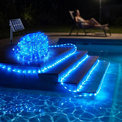 Outdoor Solar LED String Lights Waterproof – Flexible Fairy Lights 23FT to 105FT for Pool, Fountain, Garden, Patio & Wedding Decor – Neon Blue, White, RGB & Amber Colors