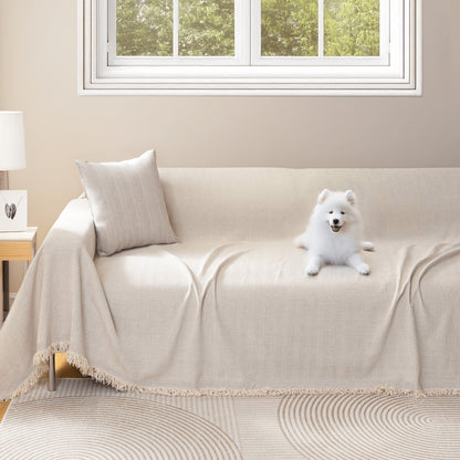 Couch Cover Throw Chenille Fringe Extra Large - Pet Friendly Scratch Proof Non-Slip Washable Polyester Sofa Protector | 3 Seat 71x102in 4 Seat 71x134in | Beige Gray Brown | Living Room Multipurpose