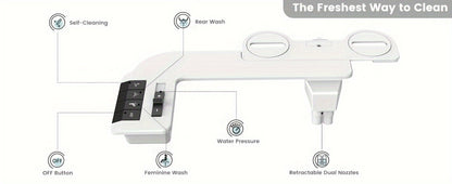 Bidet Attachment for Toilet - Dual Retractable Nozzle Non-Electric Self-Cleaning Fresh Water Bidet Sprayer, Adjustable Water Pressure, Fits Most Toilets, Brass T-Adapter & Metal Hose Included, Easy Install