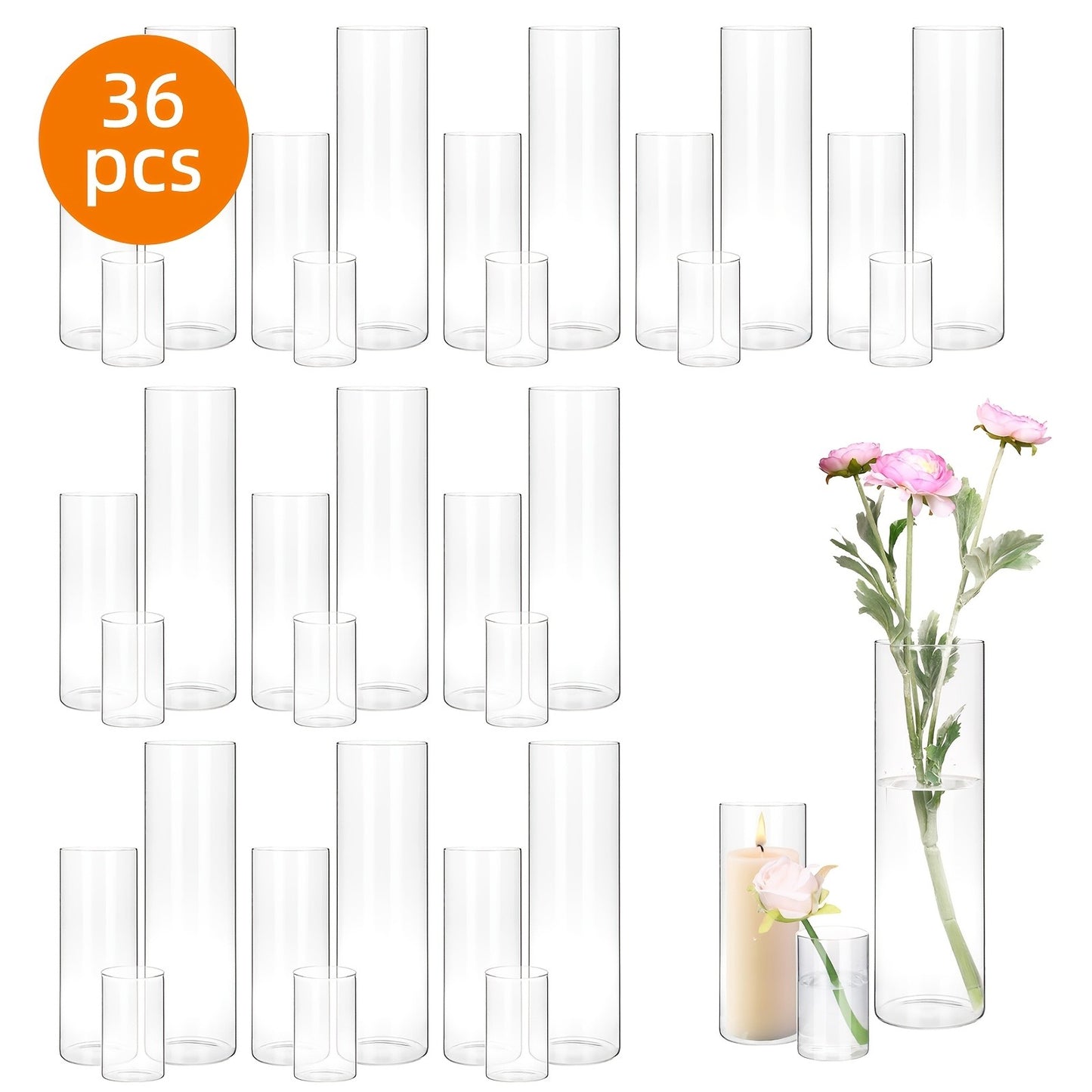Clear Glass Cylinder Vases 18 36pcs - 4 8 12 Inch Tall Multiple Size Flower Vase for Wedding Centerpiece Table Party Hurricane Floating Candle Holder Home Decor Shelf