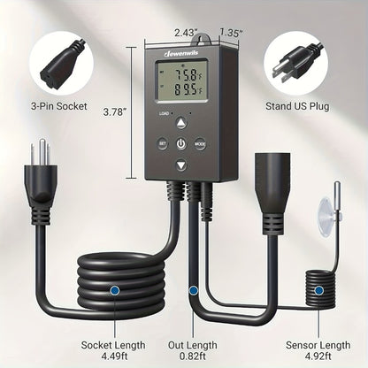 Digital Temperature Controller Thermostat Outlet Heating Cooling Mode 14°F-140°F LCD Display Buzzer Alarm 120V 10A 1200W for Freezer Greenhouse Reptile Aquarium Incubator Home Brewing
