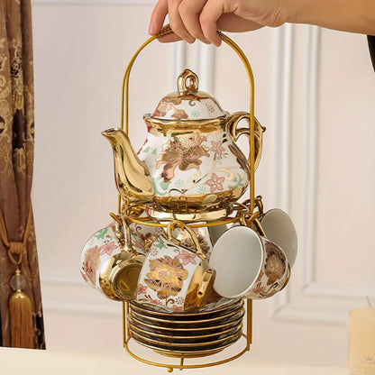 20-Piece Floral Ceramic Tea Set with Saucers & Metal Stand | European Afternoon Tea Service, Blooming Design, Complete Tea Accessories, Gift for Tea Lovers