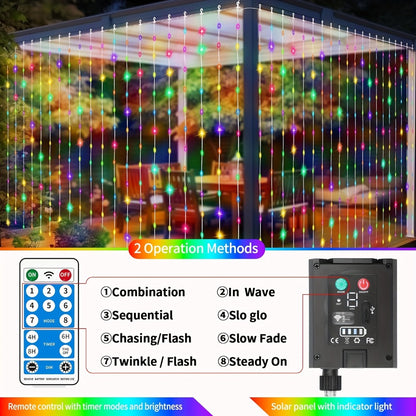 Solar Curtain Lights Outdoor 300 LED Waterfall Fairy String Lights with 8 Modes Remote Control USB Rechargeable Dimmable Timer for Christmas Gazebo Party Wedding Window Decor