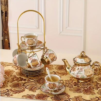 20-Piece Floral Ceramic Tea Set with Saucers & Metal Stand | European Afternoon Tea Service, Blooming Design, Complete Tea Accessories, Gift for Tea Lovers