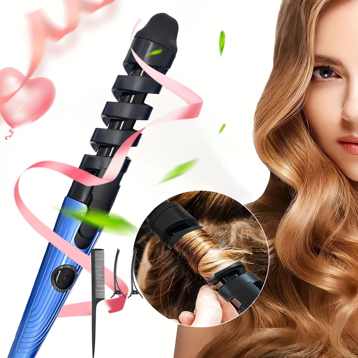 Automatic Spiral Curling Iron 360° Electric Hair Curler - Auto Rotating Curl Wand, Lightweight & Portable, Easy to Use, Includes 2 Clips & 1 Comb, Gift for Women, Pink, Purple, Blue