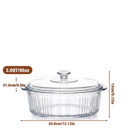 Borosilicate Glass Baking Dish with Lid 96oz – Oval Casserole Pan Microwave Oven Fridge Safe | Multi-Use for Baking, Meal Prep, Grilled Fish, Salad & Food Serving | Kitchen Bakeware with Cover