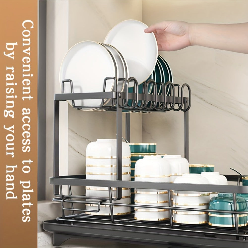 2-Tier Metal Dish Drying Rack with Cutlery Holder Cup Holder & Rust-Proof Drip Tray – Space Saving Countertop Kitchen Organizer