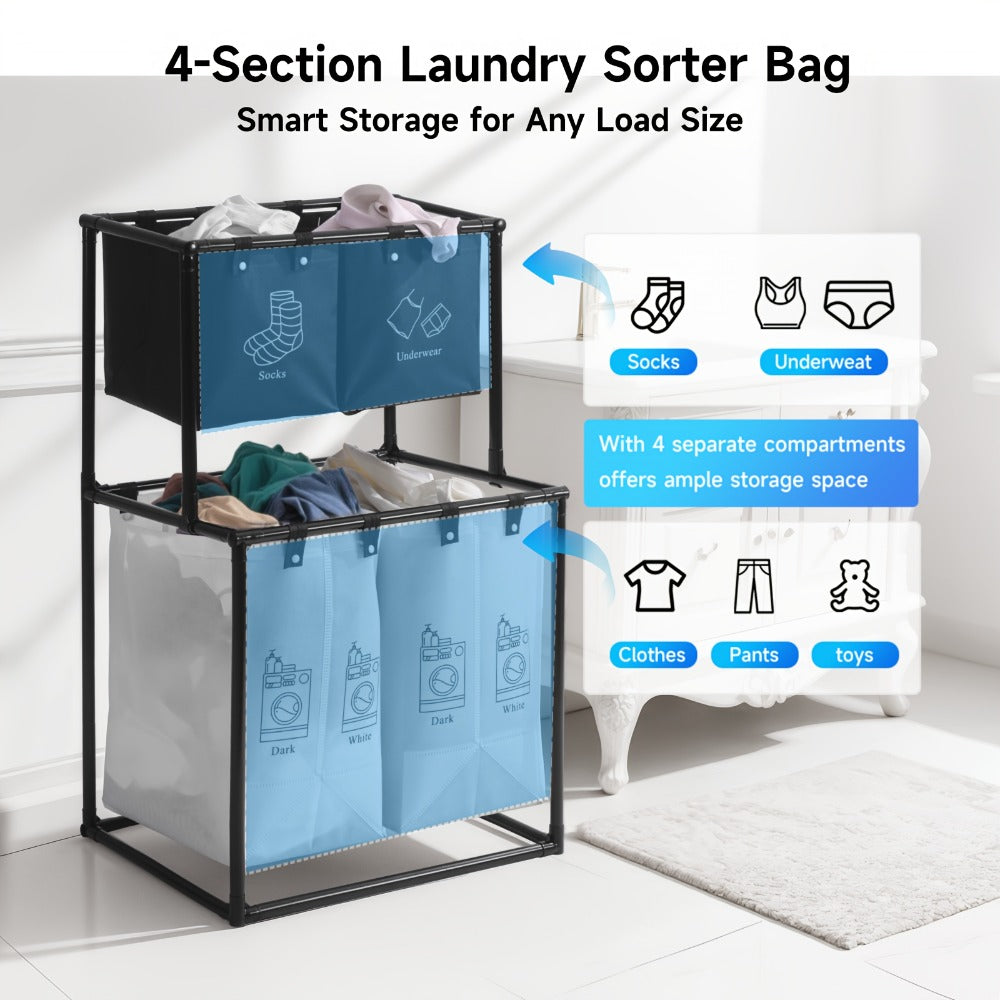 Laundry Sorter 2 Compartment Hamper – 2-Tier Metal Frame Laundry Hamper with Handles, Breathable Mesh Bags & Cable Ties – Space-Saving Clothes Organizer for Home, Bedroom & Apartment