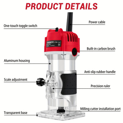 Wood Router 800W Compact Electric Router Tool - 30000 RPM with 15pcs 1/4" Router Bits for Woodworking, Trimming, Carving & Engraving
