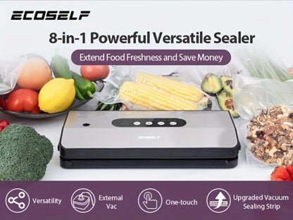 Vacuum Sealer Machine 8-in-1 – 65Kpa Food Sealer with Cutter, Accessory Hose, 10 Bags Included, Stainless Steel, External Vacuum Port for Food Storage, Sous Vide & Meal Prep