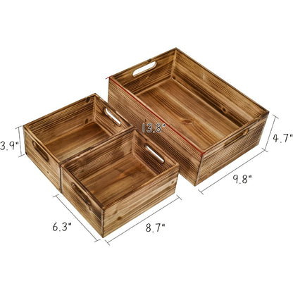 Wooden Crates with Handles Set of 3 – Rustic Farmhouse Storage Boxes for Pantry, Shelf, Closet, Arts & Crafts, Home Organizer Decorative Wood Crate Display Boxes Brown