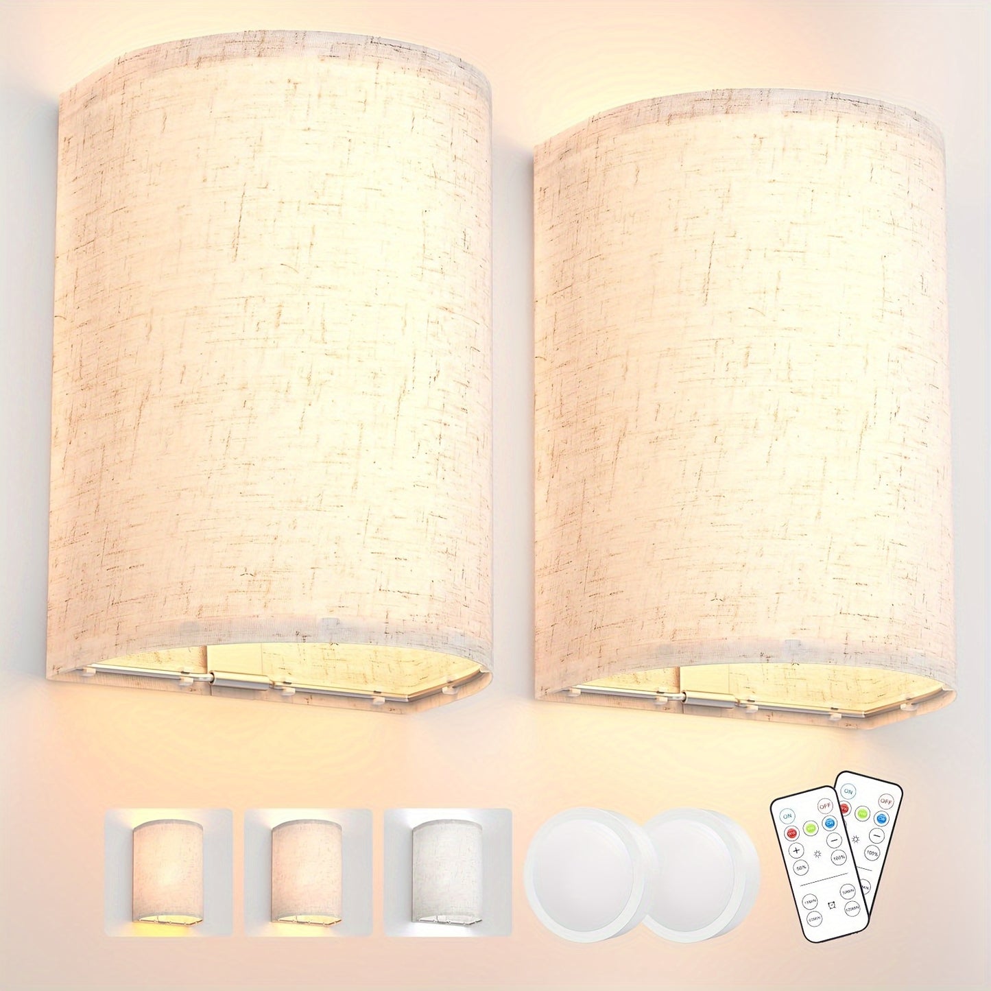 Rechargeable Wall Sconce Set of 2 – Wireless Fabric Shade Wall Light with Remote Control, Magnetic Puck Light, Dimmable CCT or RGB Color, No Wiring for Bedroom Living Room Hallway Decor