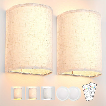 Rechargeable Wall Sconce Set of 2 – Wireless Fabric Shade Wall Light with Remote Control, Magnetic Puck Light, Dimmable CCT or RGB Color, No Wiring for Bedroom Living Room Hallway Decor