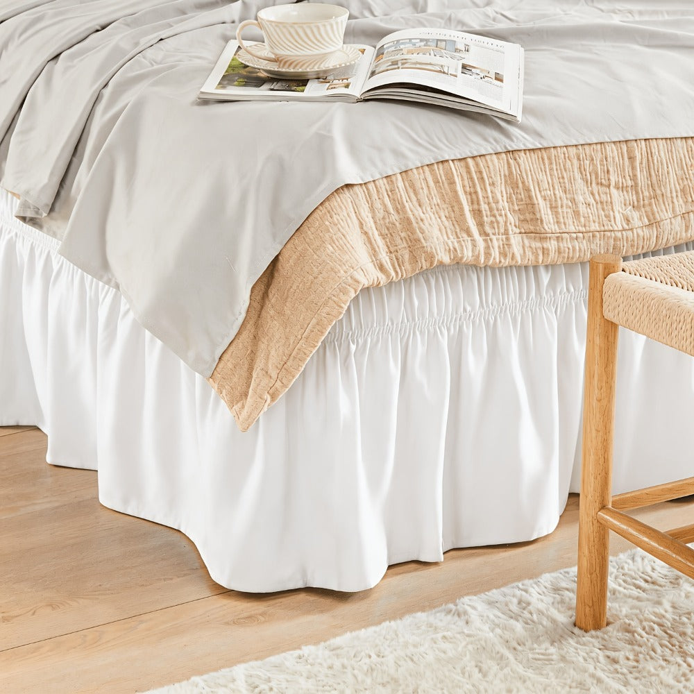 Bed Skirt with Adjustable Elastic Belt - Ruffle Microfiber Dust Ruffle 15 Inch Drop, Hotel Quality, Fade Resistant, Machine Washable, Easy Wrap Fit