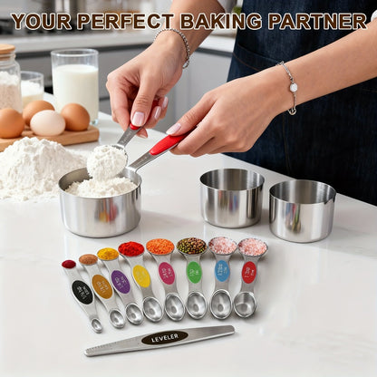 Stainless Steel Measuring Cups and Spoons Set 17 Piece - 8 Measuring Cups, 8 Double-Sided Spoons & 1 Leveler for Baking, Cooking & Kitchen Use, Perfect Holiday Gift