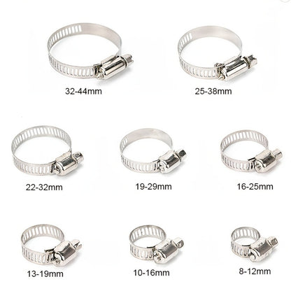 Stainless Steel Hose Clamps 100-Pack Assortment Kit - Multiple Universal Sizes Adjustable Hose Clips for Fuel Line Plumbing Automotive Garden Marine HVAC, Heavy Duty with Storage Case, Silver