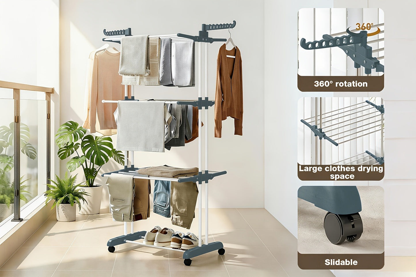 Clothes Drying Rack 4-Tier Foldable Metal Laundry Rack with Rolling Casters, Holds 30+ Garments, Adjustable Shelf Heights, Freestanding Collapsible Clothes Dryer Stand for Bedroom Bathroom Nursery Small Spaces