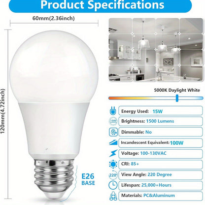 A19 LED Light Bulbs 100W Equivalent, 5000K Daylight White, E26 Base, Non-Dimmable, No Flicker, 1500LM Super Bright – 4/12/24 Pack Bulk LED Bulbs for Home Office Bedroom Living Room
