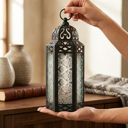 Moroccan Candle Lantern Holder - Decorative Metal & Glass Lantern with Embossed Floral Design for Indoor Home Decor, Garden, Patio, Weddings, Ramadan, Halloween & Holiday Celebrations - 10.5" Tall Medium Size
