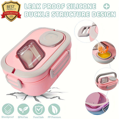 Bento Box 2-Layer with Multiple Compartments - Complete Set with Cup Bag Cutlery and Sauce Box, Microwave Safe Lunch Box for School Work and Outdoor Meals, Leak Proof Temperature Retentive Food Container Available in White Pink and Blue