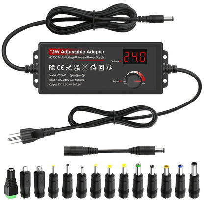 Adjustable AC to DC Power Adapter 72W - 3-24V Variable Power Supply with LCD Voltage Display, Knob Control, 15 Interchangeable Tips, Overvoltage & Short Circuit Protection, 100-240V Universal Input