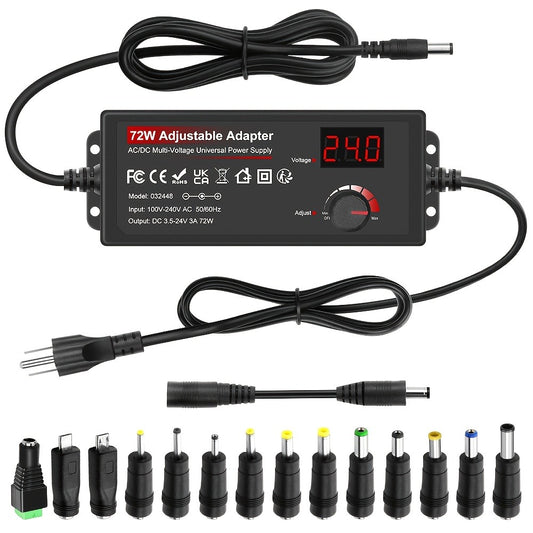 Adjustable AC to DC Power Adapter 72W - 3-24V Variable Power Supply with LCD Voltage Display, Knob Control, 15 Interchangeable Tips, Overvoltage & Short Circuit Protection, 100-240V Universal Input