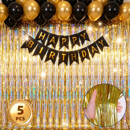 Metallic Tinsel Fringe Curtain Backdrop 5 Pack – Shimmering Foil Streamer for Birthday Party Decorations, Wedding, Bachelorette, Engagement, Halloween, Christmas Holiday Celebration Photo Prop