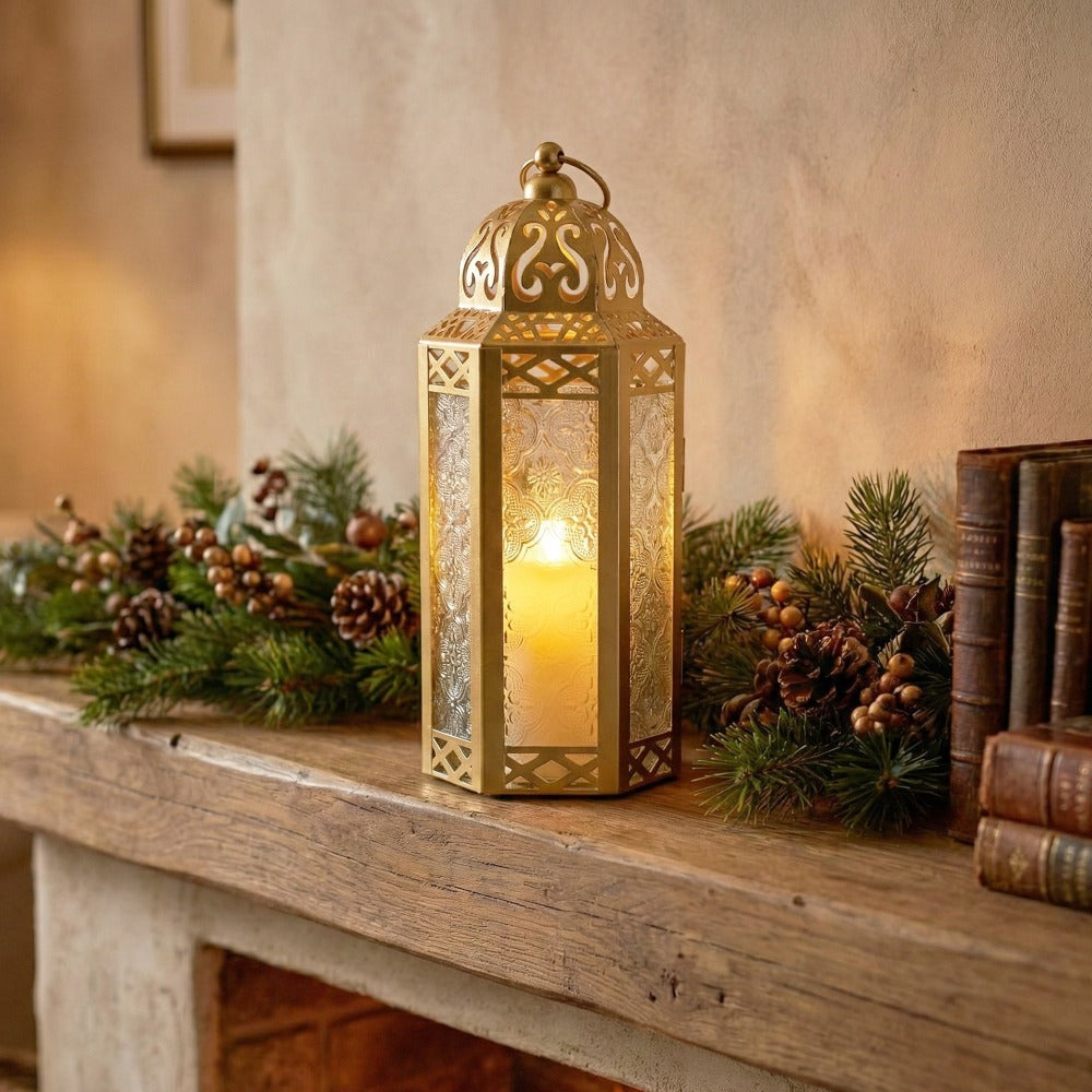 Moroccan Candle Lantern Holder - Decorative Metal & Glass Lantern with Embossed Floral Design for Indoor Home Decor, Garden, Patio, Weddings, Ramadan, Halloween & Holiday Celebrations - 10.5" Tall Medium Size