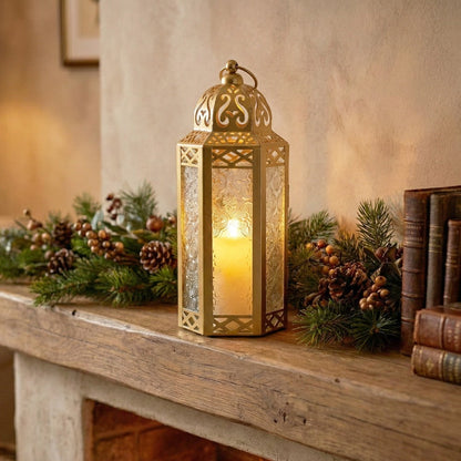 Moroccan Candle Lantern Holder - Decorative Metal & Glass Lantern with Embossed Floral Design for Indoor Home Decor, Garden, Patio, Weddings, Ramadan, Halloween & Holiday Celebrations - 10.5" Tall Medium Size