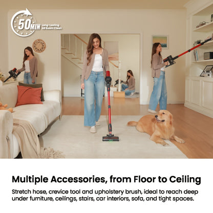 Cordless Vacuum Cleaner 46KPA Powerful Suction Lightweight Detachable Battery Anti-Tangle V-Shaped Brush 6-Stage Filtration 1.8L Dust Cup for Hard Floor Carpet Pet Hair Home