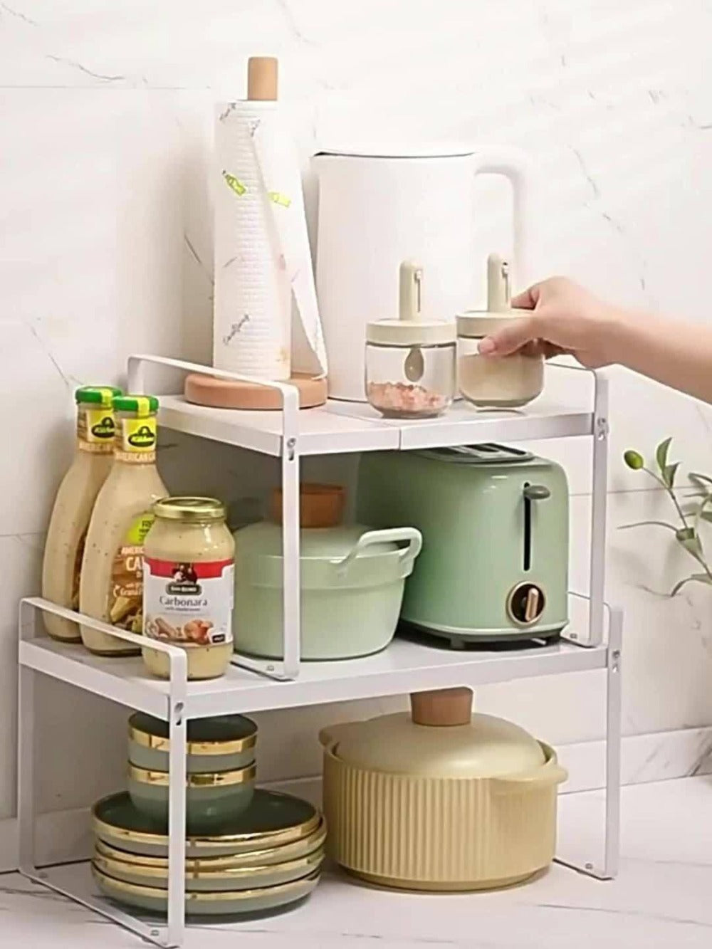 Expandable Cabinet Shelf Organizer Riser – Height Adjustable Retractable Rack with Suction Cup Base for Kitchen Pantry Cupboard Under Sink Countertop, Heavy Duty Metal Space Saver, Stackable Storage