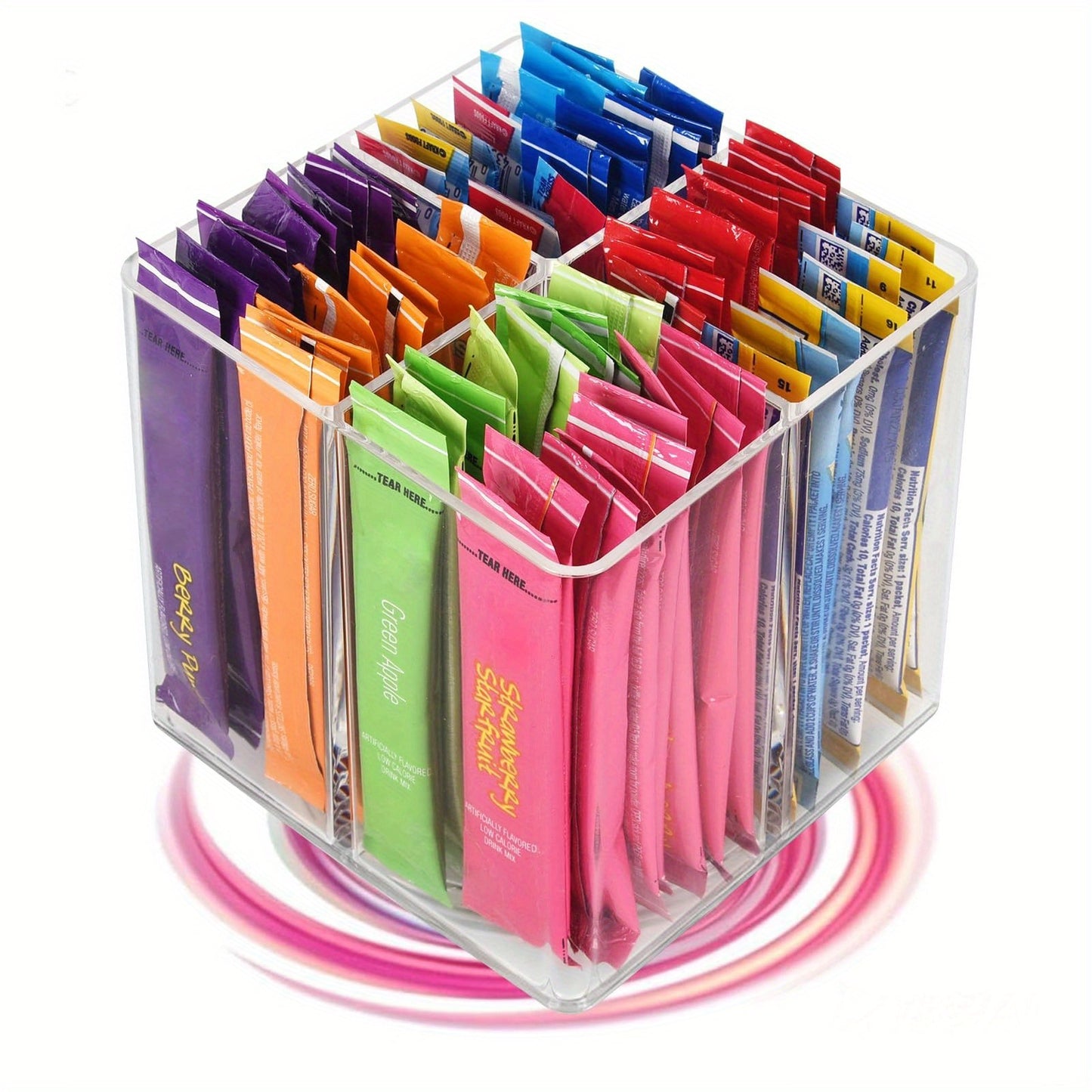 Rotating Countertop Organizer Rack for Drink Mixes, Powder Packets & Beverage Pouches - Square Lazy Susan Storage