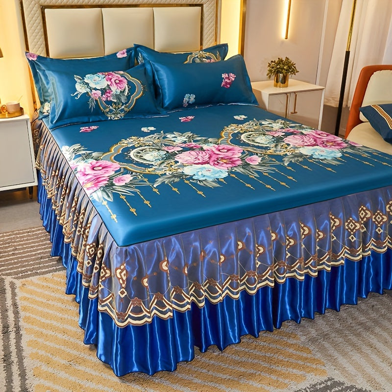 Floral Ruffle Bed Skirt Cool Mat 3 Piece Set with Pillowcase, Double Layer 360° Full Wrap Washable Cooling Mattress Cover, Breathable Summer Bedding Set for Twin Full Queen King, Parisian Romantic Floral