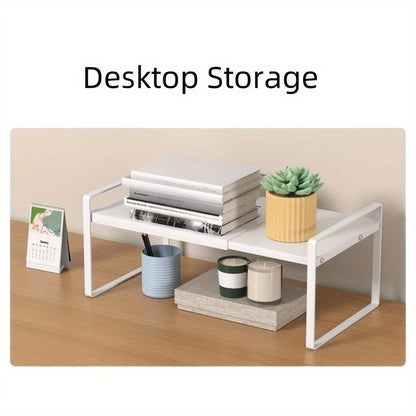 Expandable Cabinet Shelf Organizer Riser – Height Adjustable Retractable Rack with Suction Cup Base for Kitchen Pantry Cupboard Under Sink Countertop, Heavy Duty Metal Space Saver, Stackable Storage