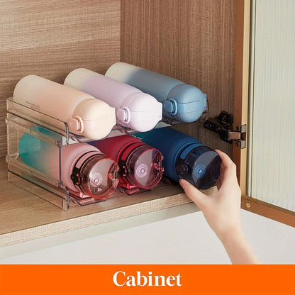 Stackable Water Bottle Organizer for Cabinet & Kitchen Pantry – Tumbler Travel Mug Cup Holder, Plastic Fridge Wine Rack, Holds 5/6/8/9/11/12 Bottles