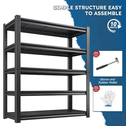 Heavy Duty Metal Shelving Unit 5-Tier - Powder-Coated Steel Storage Rack, 2500 LBS Capacity, Adjustable Height, No-Tool Assembly, for Garage, Basement & Warehouse Organization