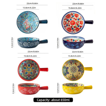 Ceramic Salad Bowl Set of 4 Bohemian Style 8.7 Inch with Handles Microwave and Oven Safe Colorful Serving Bowls for Home Baking Table Serving Gift
