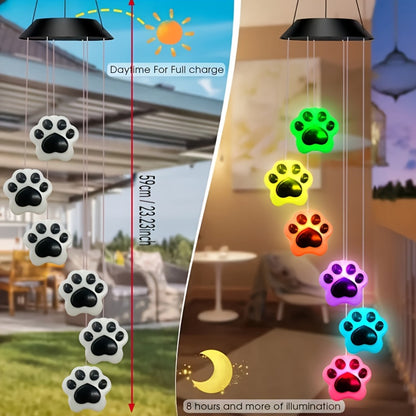 Solar Wind Chime Light Paw Print RGB Color Changing Outdoor Garden Hanging Decoration, Dog Cat Pet Memorial Wind Chime Solar Powered for Balcony Patio Courtyard Yard Holiday Gift for Pet Lovers