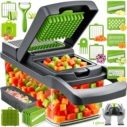 Vegetable Chopper 18-in-1 Multifunctional Food Chopper & Mandoline Slicer with Container – Onion Dicer, Adjustable Cutter for Kitchen Meal Prep, Gray