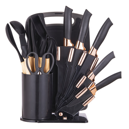 19-Piece Kitchen Knife & Utensil Set with Wooden Handles, Non-Stick Blades, Silicone Cooking Tools, Cutting Board, Scissors & Holder