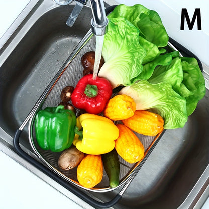 Expandable Sink Colander Stainless Steel – Over the Sink Strainer Basket with Fine Mesh & Rubber Grip, Adjustable Kitchen Drain Strainer for Vegetables, Fruits & Pasta, Small & Large Size