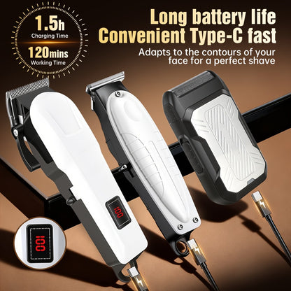 Men's Hair Clipper Set Cordless Beard Trimmer Electric Shaver Grooming Kit with LCD Display USB-C Rechargeable for Home Barber Haircut Mustache Travel Father's Day Gift